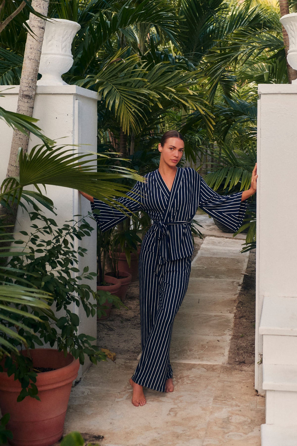 DreamModal® Kimono Pajama Set in English Navy Vertical Stripe