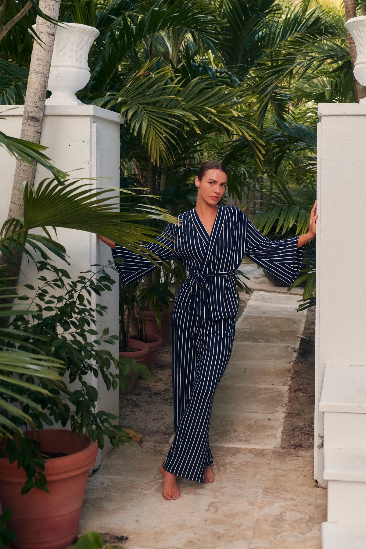 DreamModal® Kimono Pajama Set in English Navy Vertical Stripe