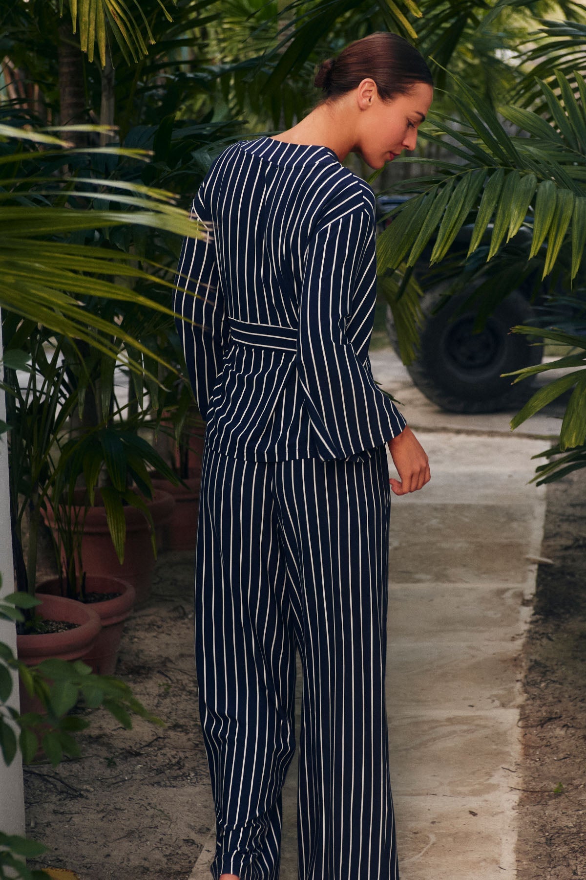 DreamModal® Kimono Pajama Set in English Navy Vertical Stripe
