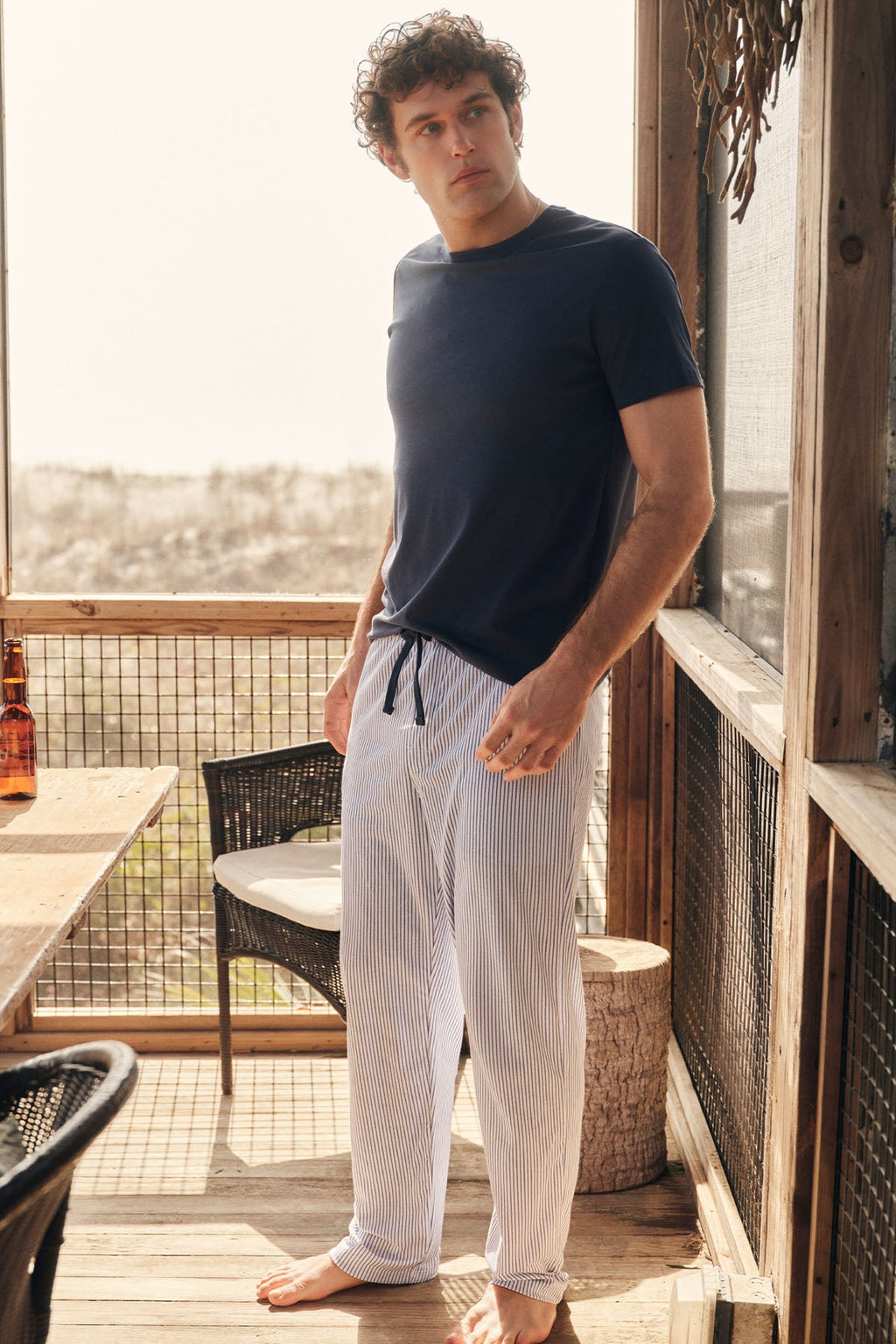 Men's Pima Sleep Short-Long Set in Navy Compass Stripe