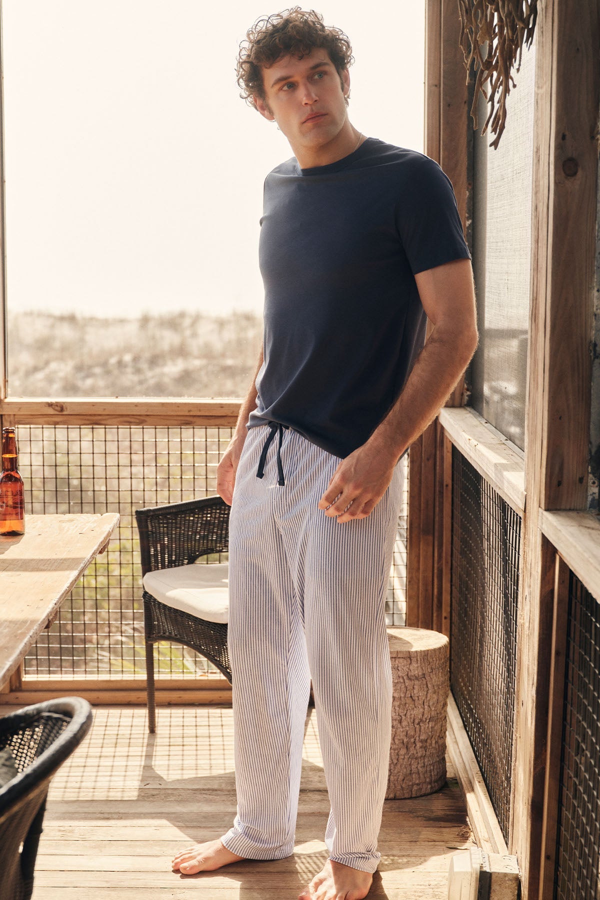 Men's Pima Sleep Short-Long Set in Navy Compass Stripe