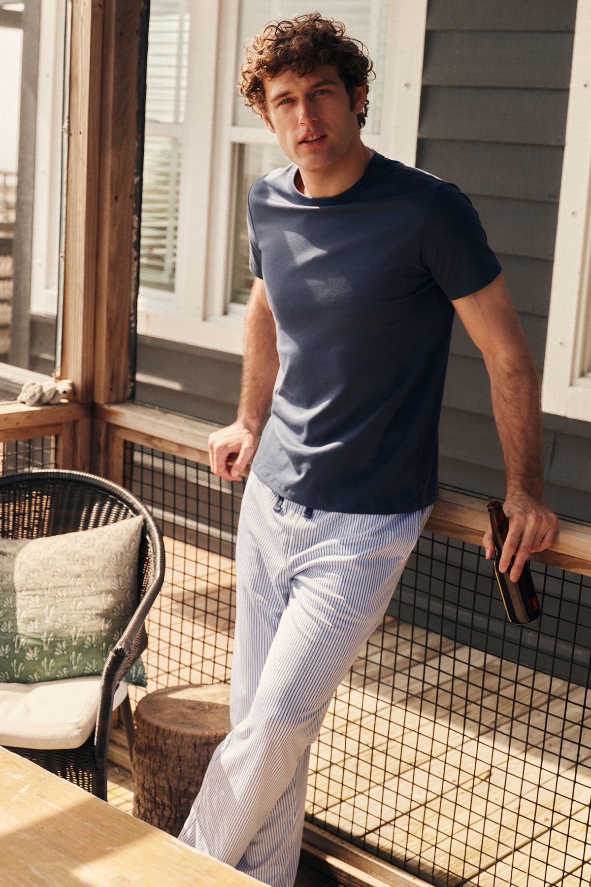 Men's Pima Sleep Short-Long Set in Navy Compass Stripe