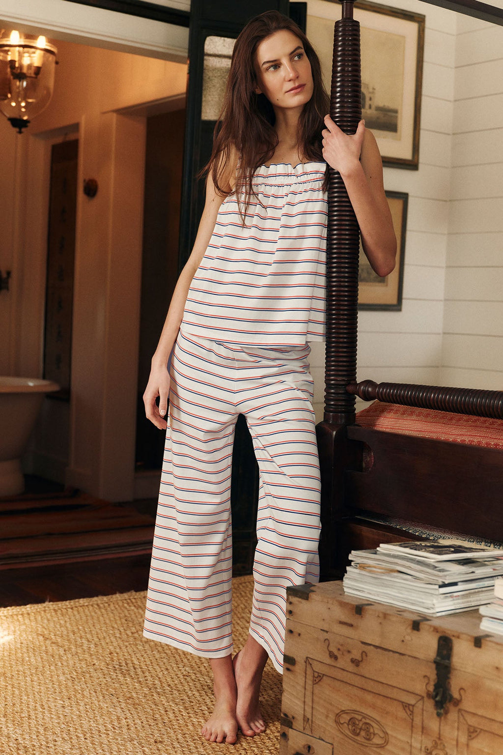 Pima Ruffle Pants Set in Lapis Bicolor Tidal Stripe