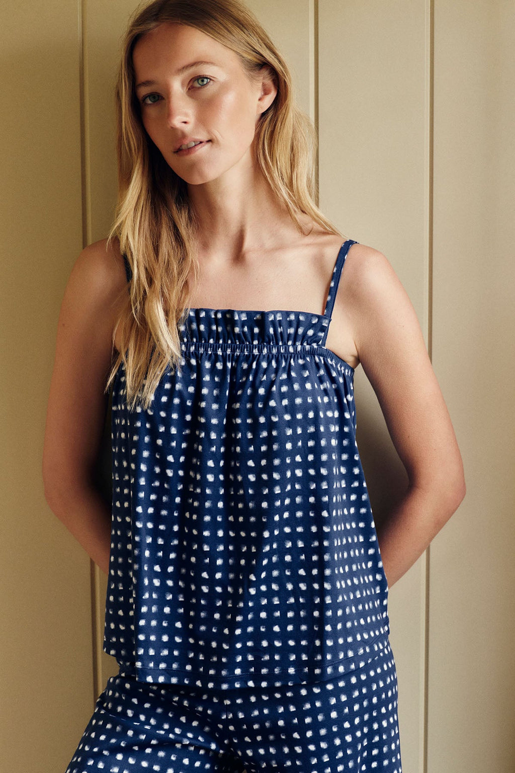 Pima Ruffle Pants Set in Blue Depths Brushed Check