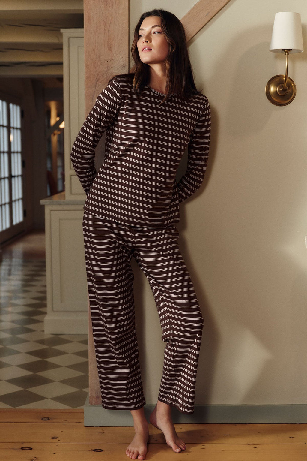 Pima Crew Long-Long Set in Cocoa Triple Stripe