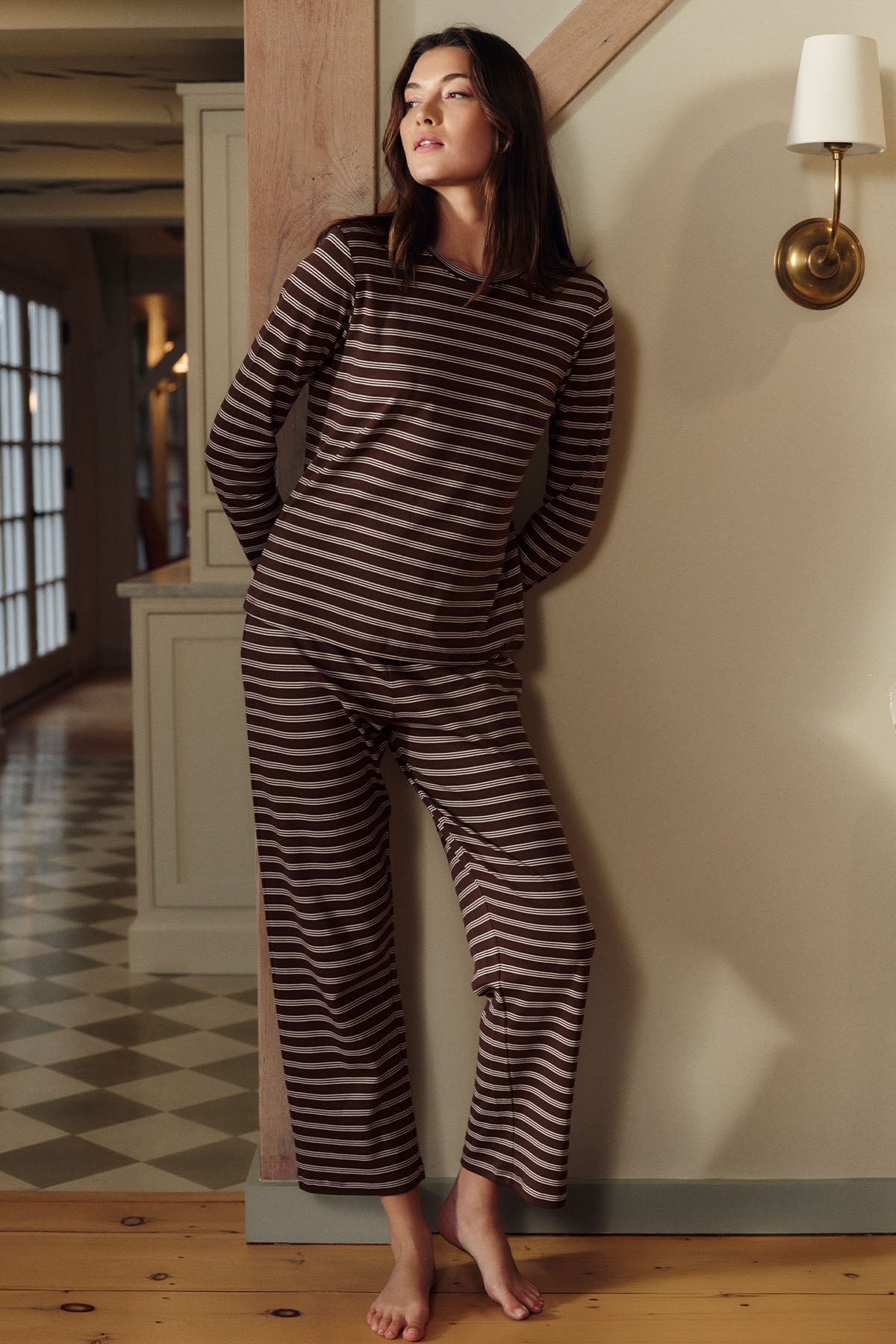 Pima Crew Long-Long Set in Cocoa Triple Stripe