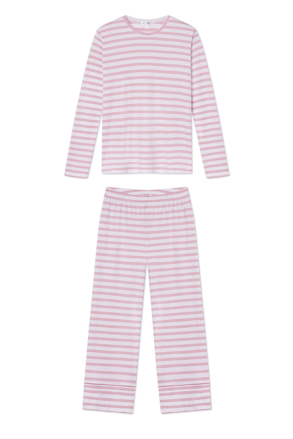 Pima Crew Long Sleeve Wide Leg Pajama Set in Light Camellia Triple Stripe