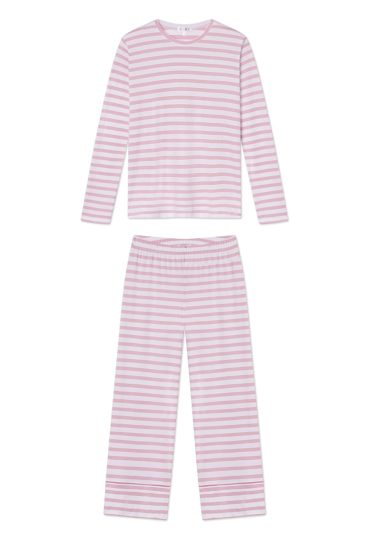 Pima Crew Long Sleeve Wide Leg Pajama Set in Light Camellia Triple Stripe