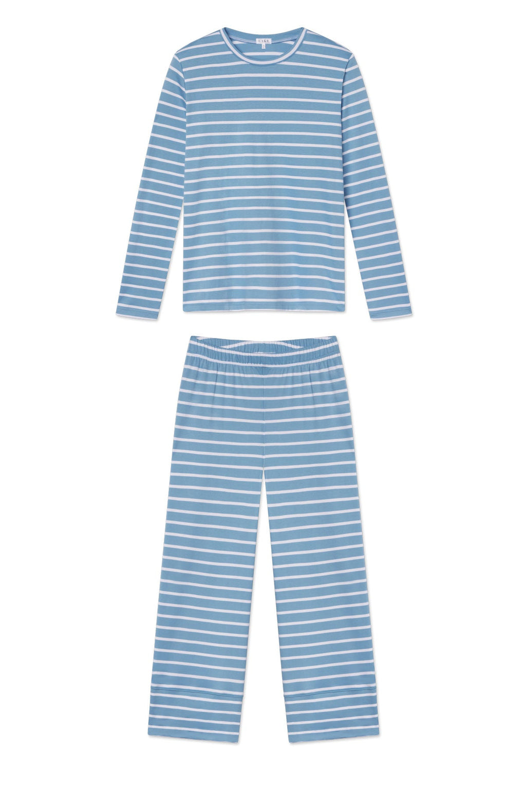 Pima Crew Long Sleeve Wide Leg Pajama Set in Serene Blue Anchor Stripe