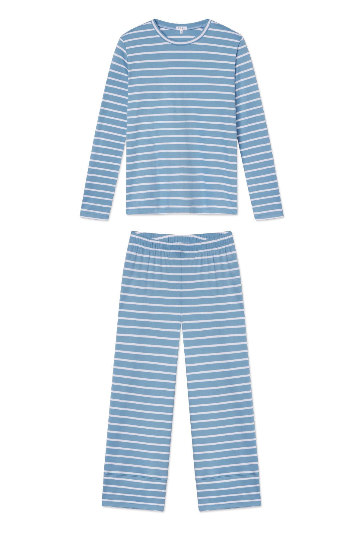 Pima Crew Long Sleeve Wide Leg Pajama Set in Serene Blue Anchor Stripe