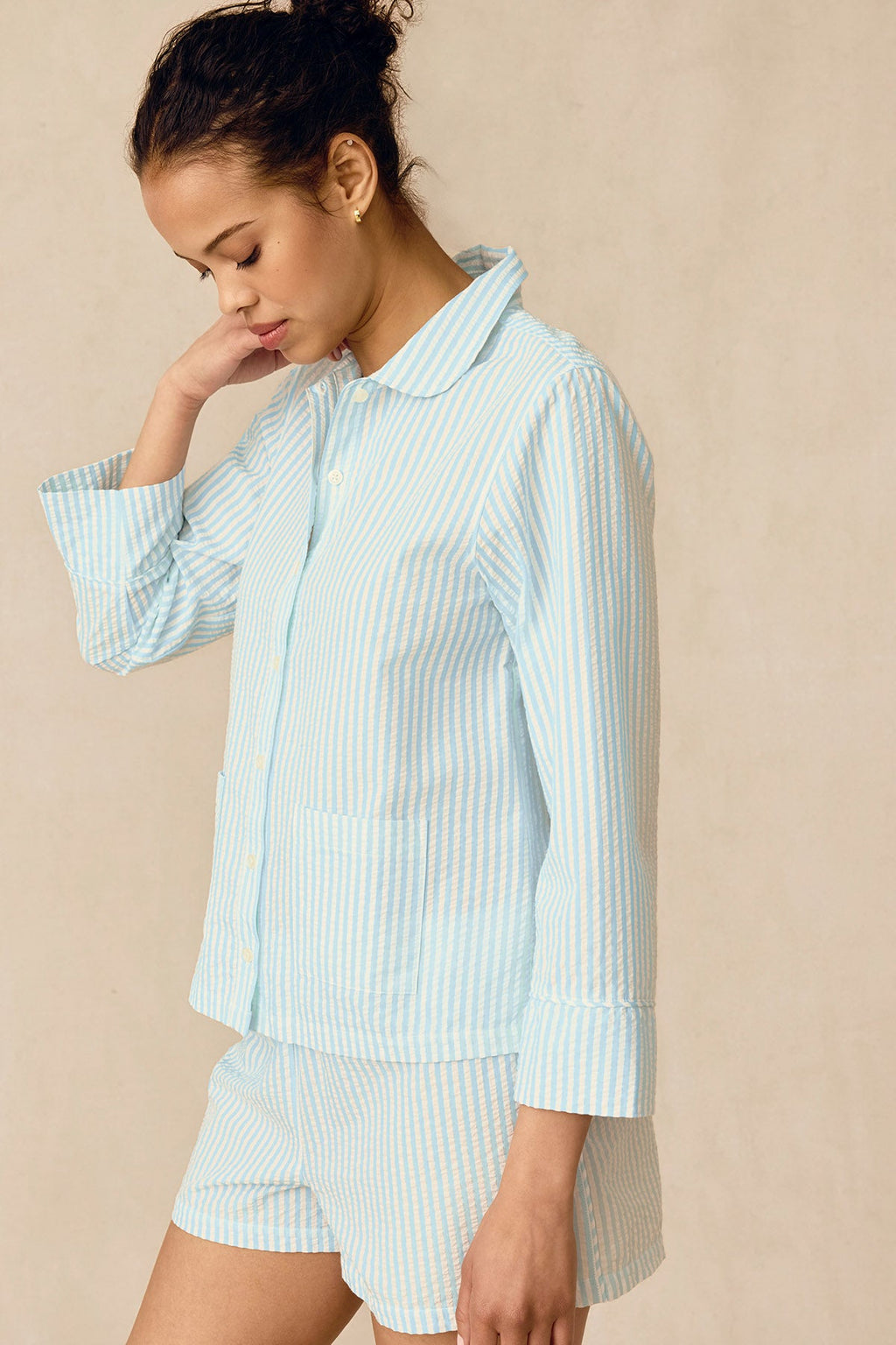 Georgie Pocket Shorts Set in Salt Spray Seersucker