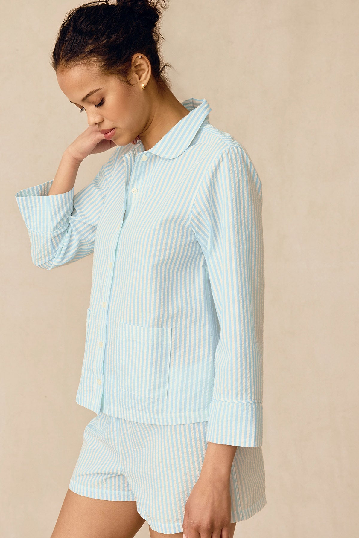 Georgie Pocket Shorts Set in Salt Spray Seersucker