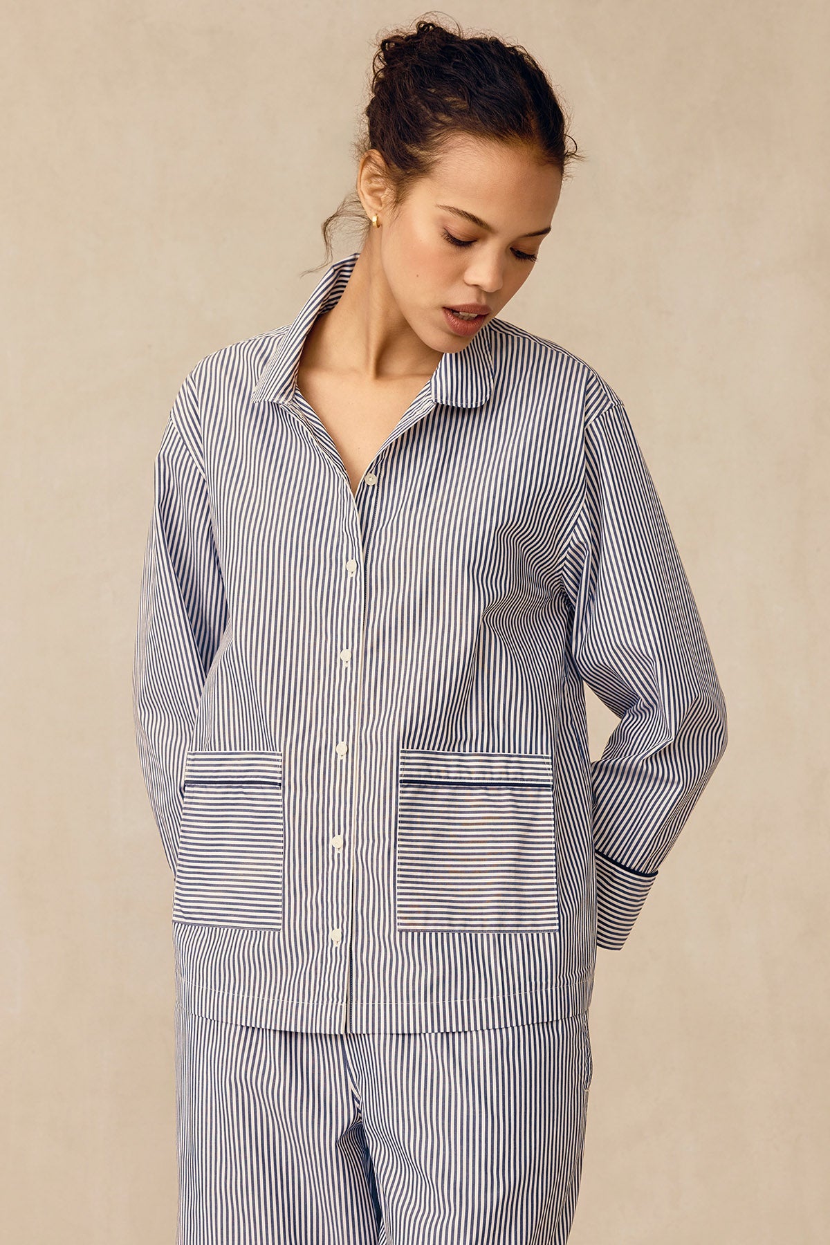 Poplin Piped Long-Long Set in English Navy Riviera Stripe