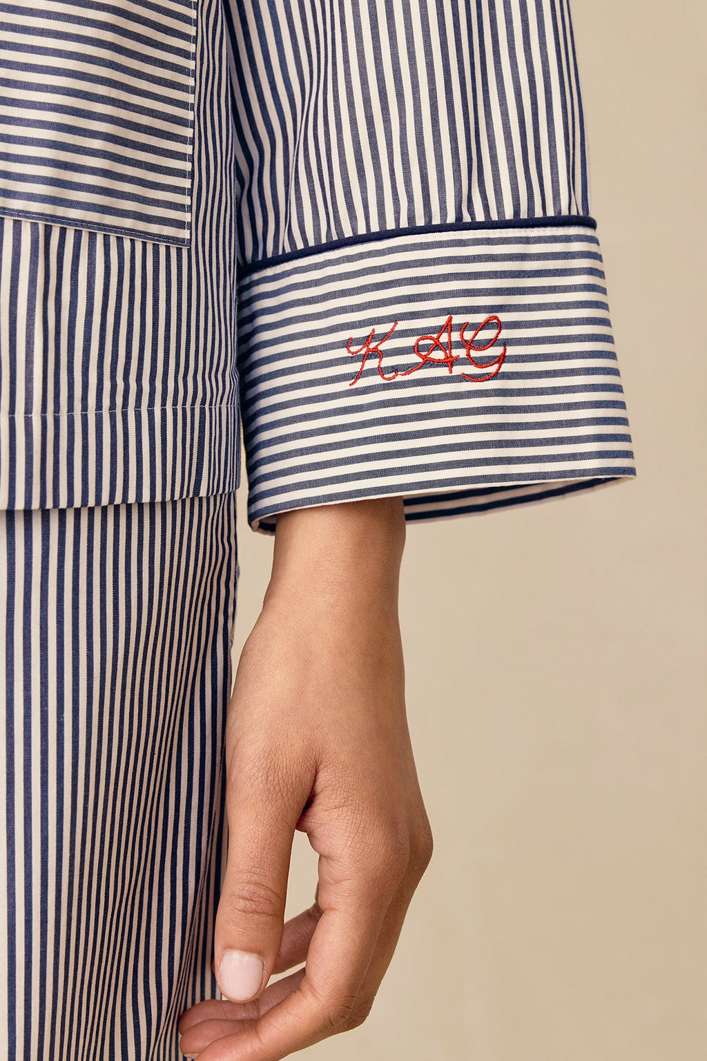 Poplin Piped Long-Long Set in English Navy Riviera Stripe