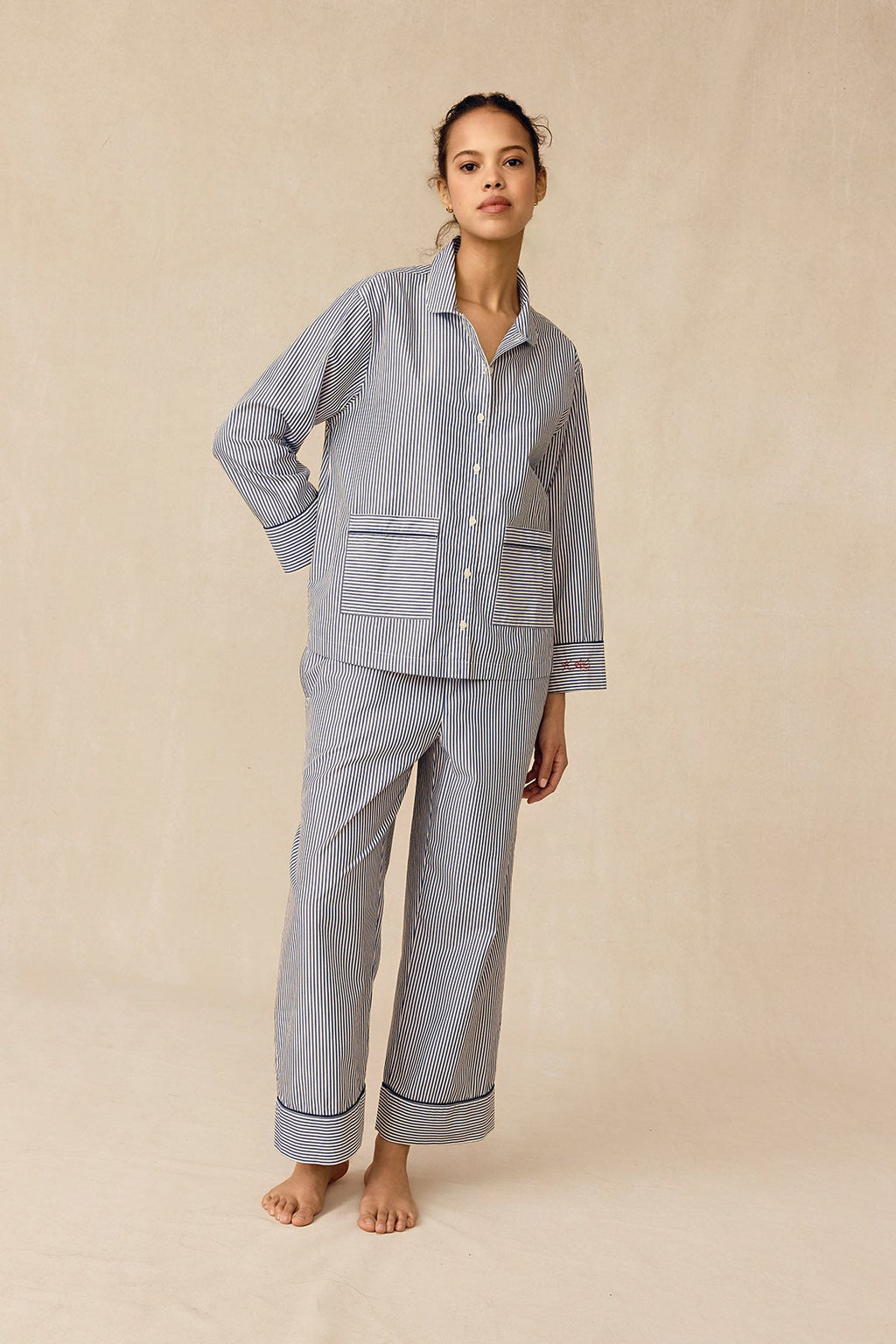 Poplin Piped Long-Long Set in English Navy Riviera Stripe