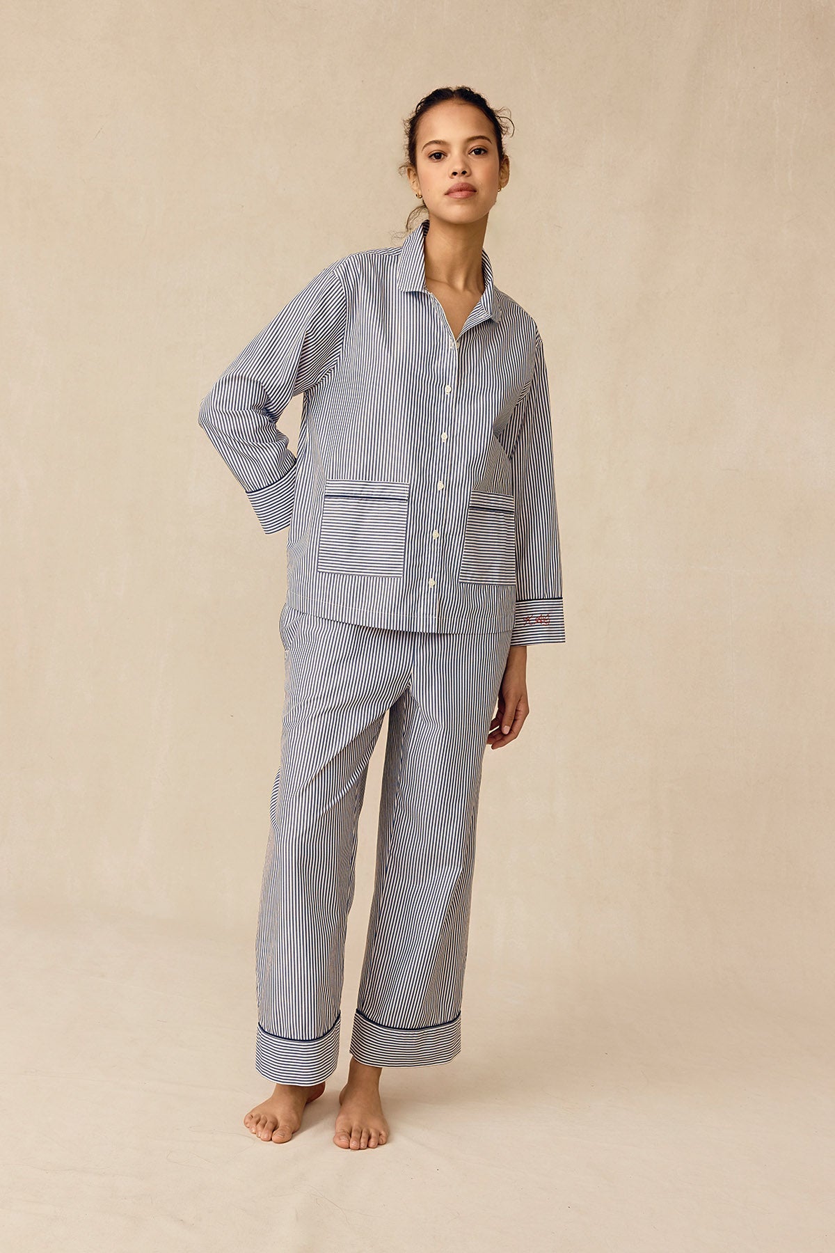 Poplin Piped Long-Long Set in English Navy Riviera Stripe