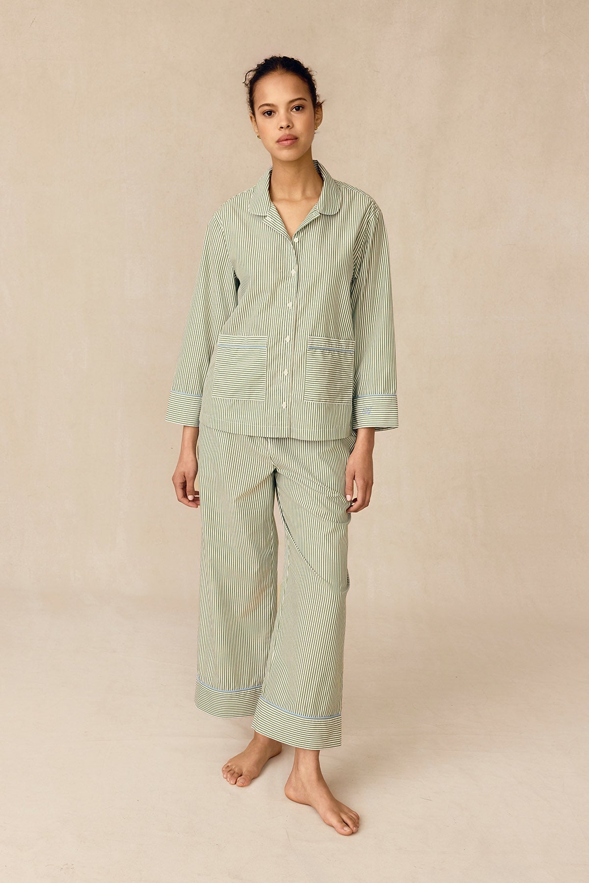 Poplin Piped Long-Long Set in Palm Riviera Stripe