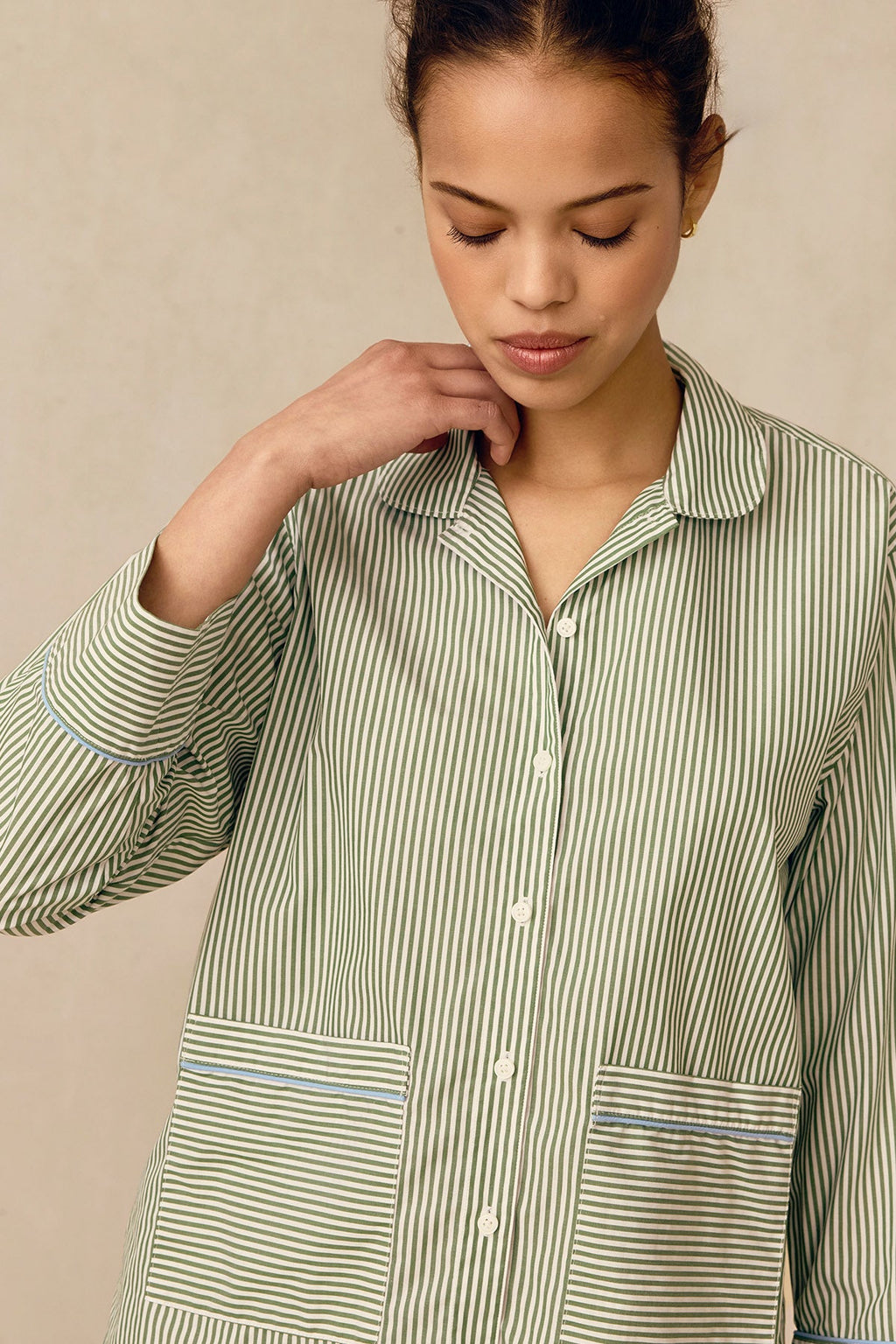 Poplin Piped Long-Long Set in Palm Riviera Stripe