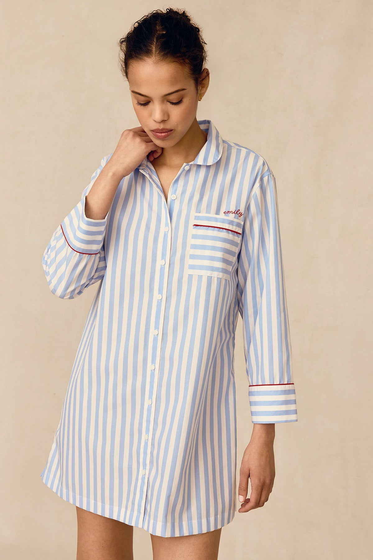 Poplin Piped Nightgown in Baltic Blue Beam Stripe