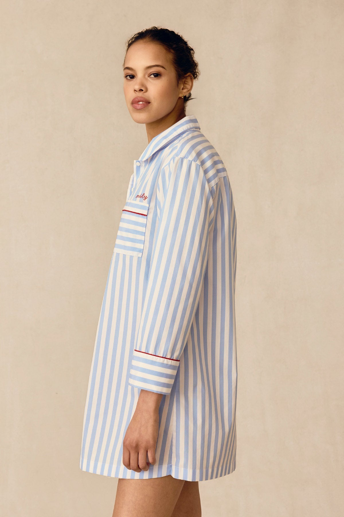 Poplin Piped Nightgown in Baltic Blue Beam Stripe